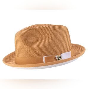 MONTIQUE MEN'S COGNAC/WHITE BOTTOM BRAIDED STINGY BRIM PINCH FEDORA HAT. H-78